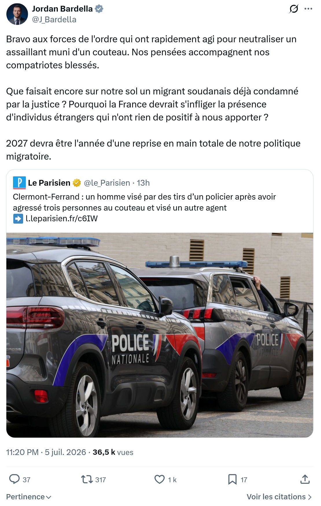 Jordan Bardella: Bravo aux forces de l'ordre...