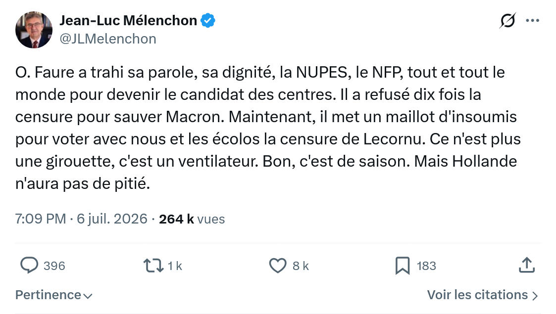 Jean-Luc Mélenchon: O. Faure a trahi sa parole, sa dignité, la NUPES...