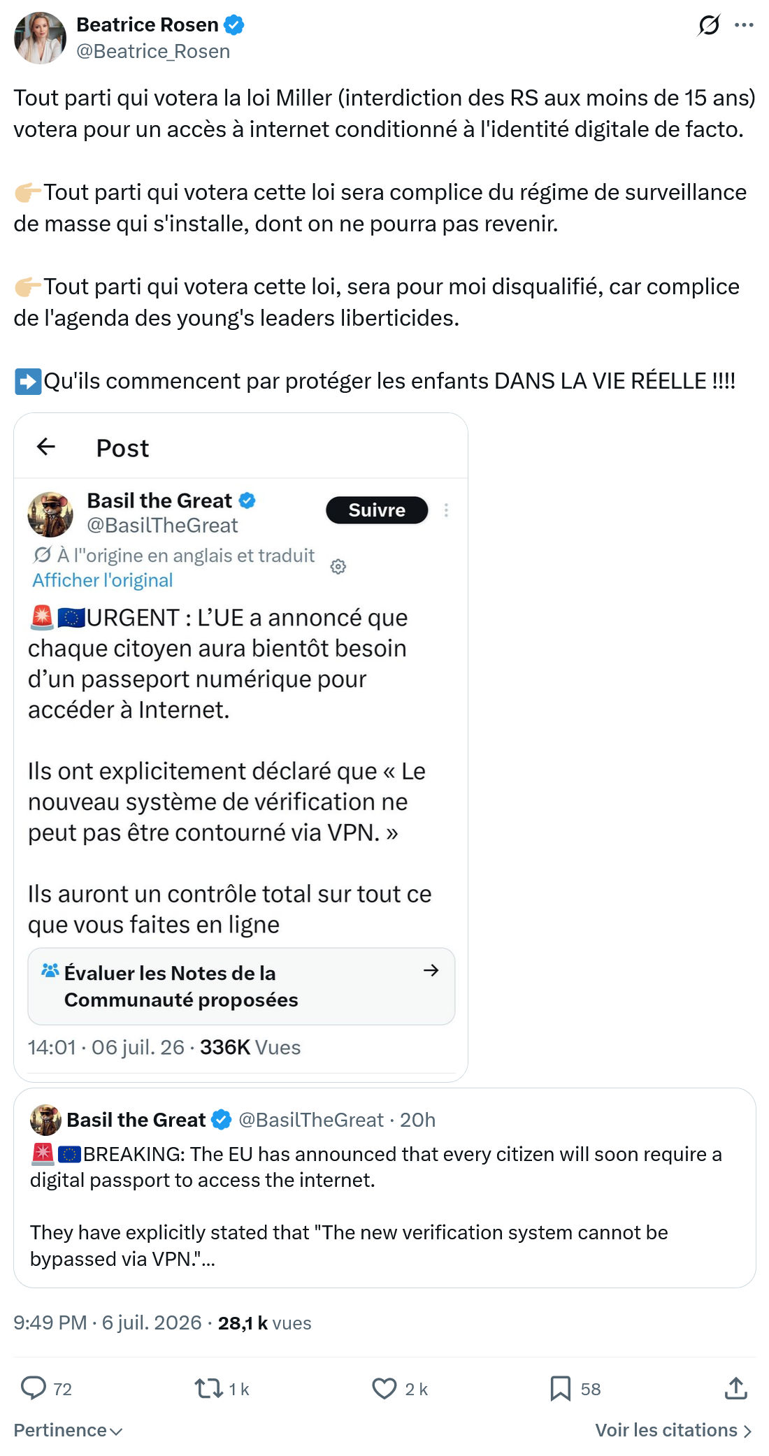 Béatrice Rosen: Tout parti qui votera la loi Miller...