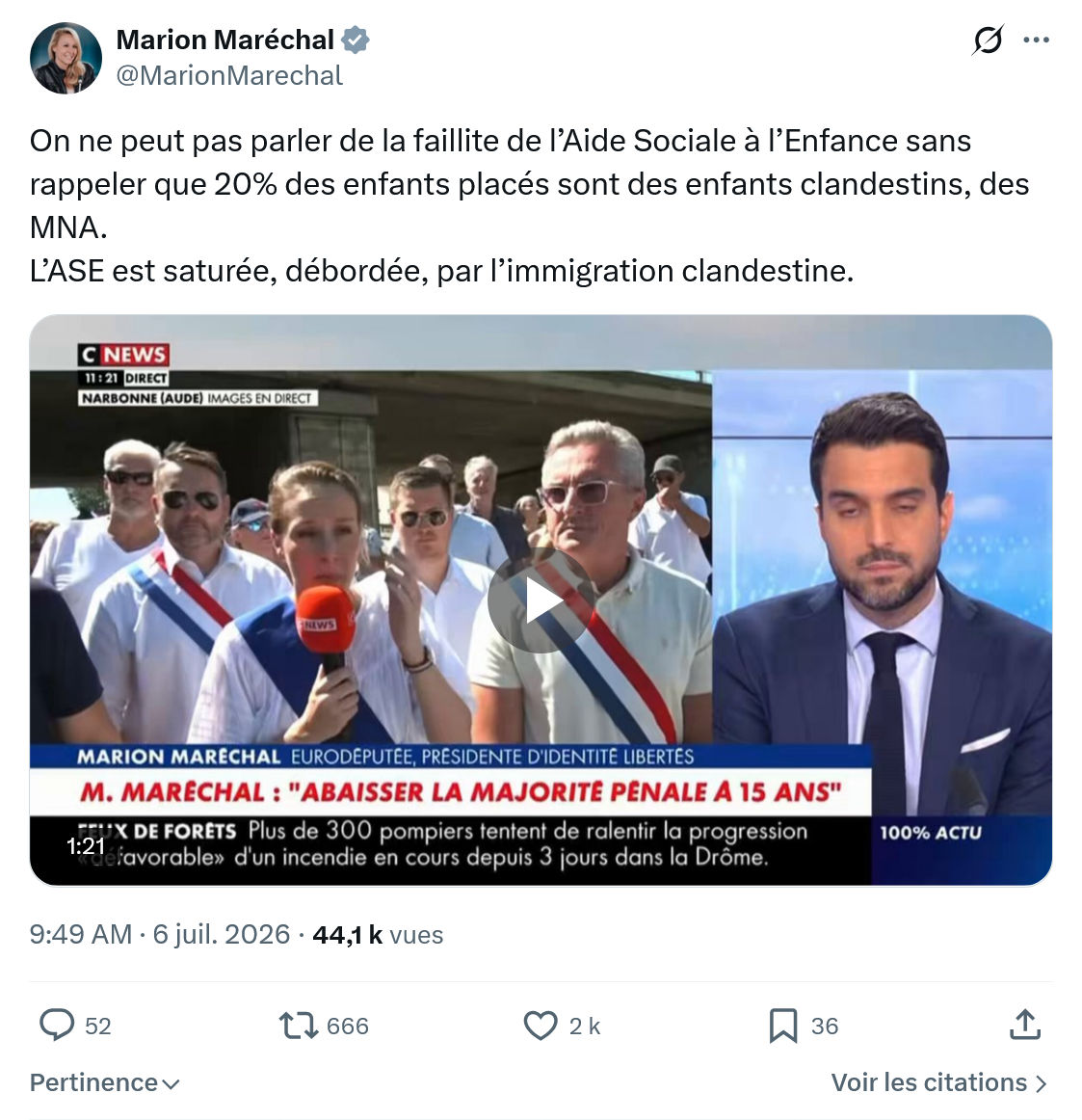 Marion Maréchal- Le Pen: On ne peut pas parler de la faillite de l’Aide Sociale...