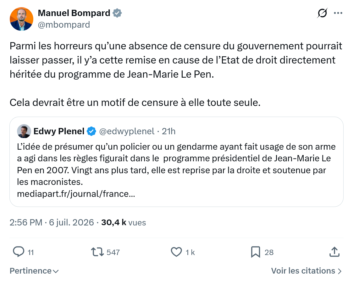 Manuel Bompard: Parmi les horreurs qu’une absence...
