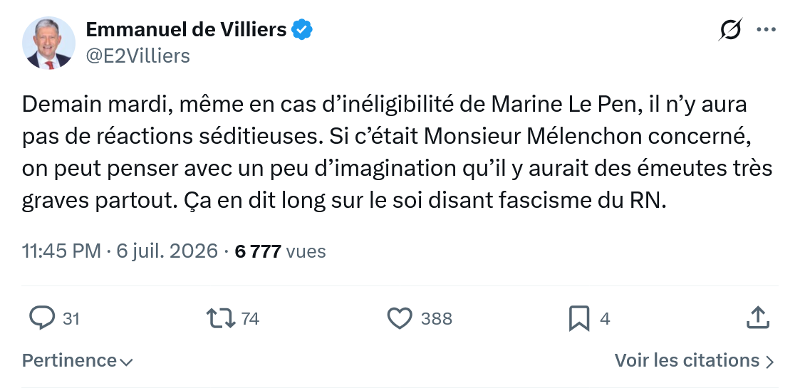 Emmanuel de Villiers: Demain mardi, même en cas d’inéligibilité de Marine Le Pen...