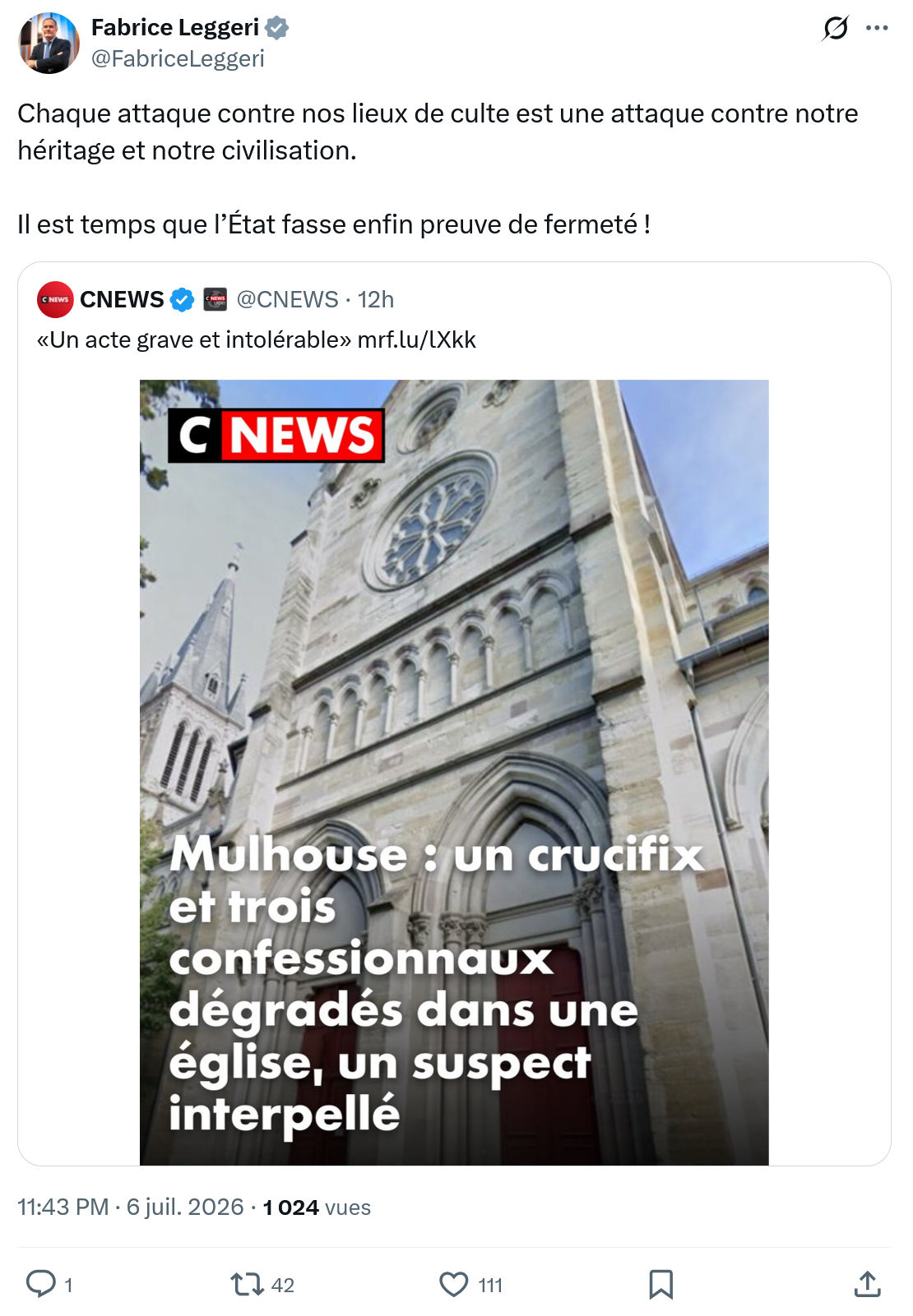 Fabrice Leggeri: Chaque attaque contre nos lieux de culte...