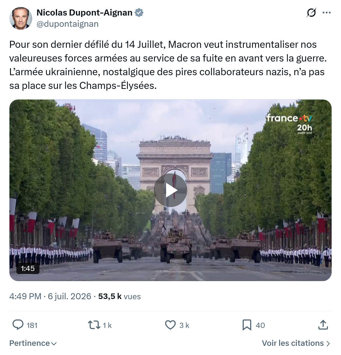 Nicolas Dupont-Aignan: Pour son dernier défilé du 14 Juillet...
