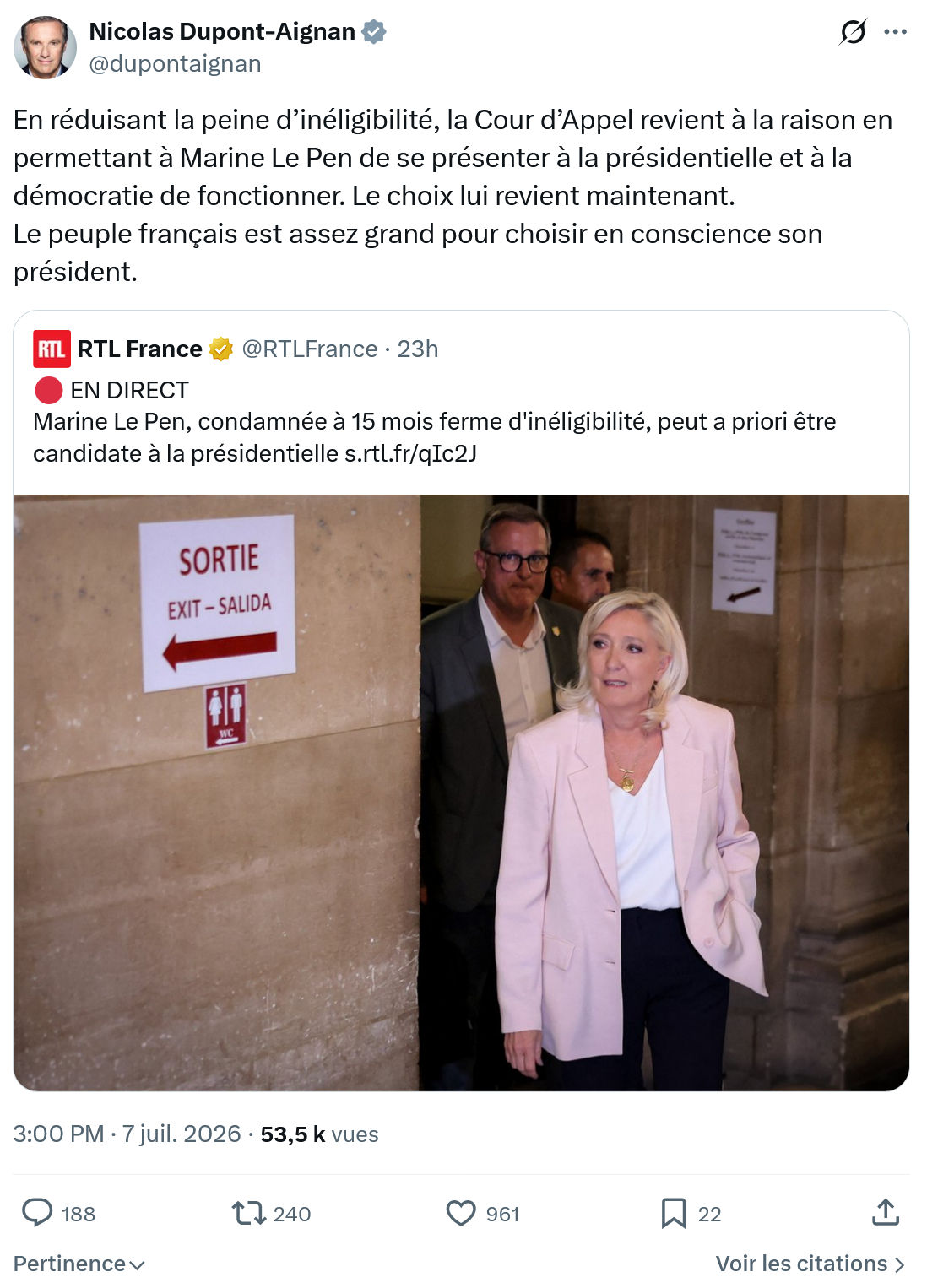 Nicolas Dupont-Aignan: En réduisant la peine d’inéligibilité...