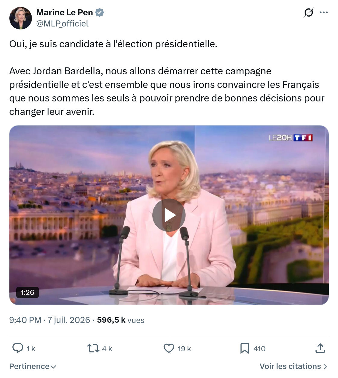 Marine Le Pen: Oui, je suis candidate à l'élection présidentielle...