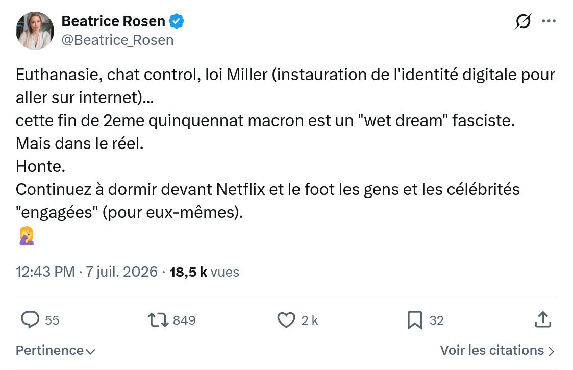 Béatrice Rosen: Euthanasie, chat control, loi Miller...