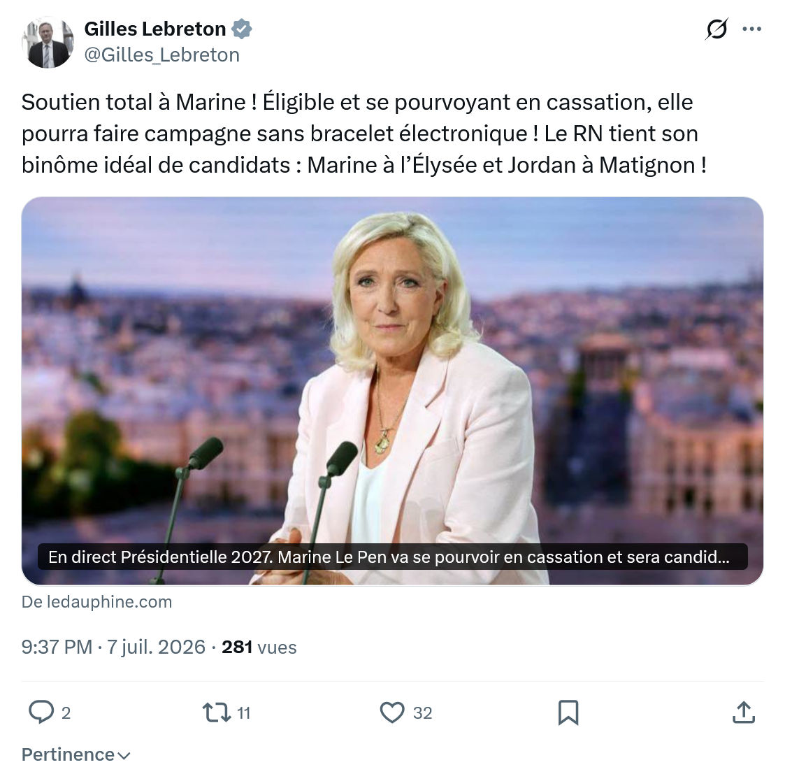 Gilles Lebreton: Soutien total à Marine...