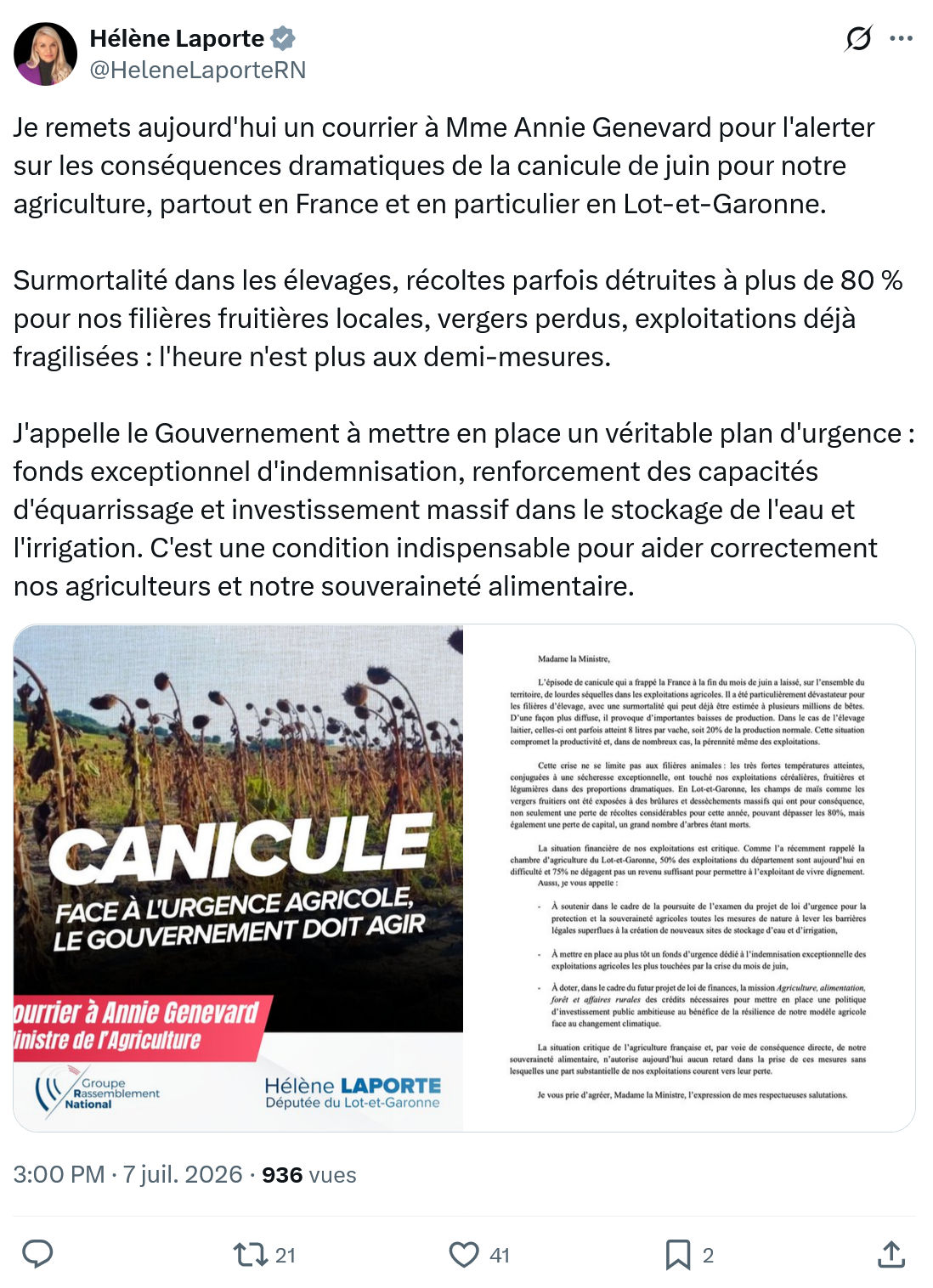 Hélène Laporte: Je remets aujourd'hui un courrier à Mme Annie Genevard...