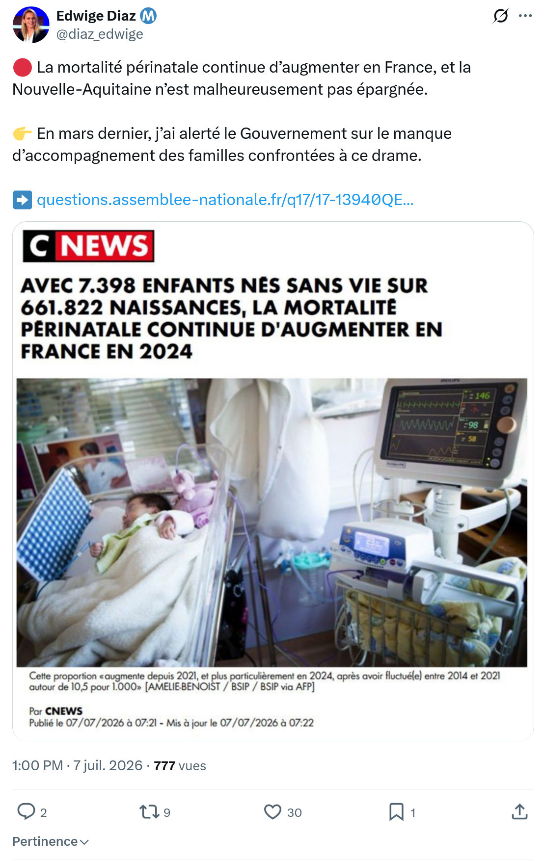 Edwige Diaz: La mortalité périnatale continue d’augmenter en France...