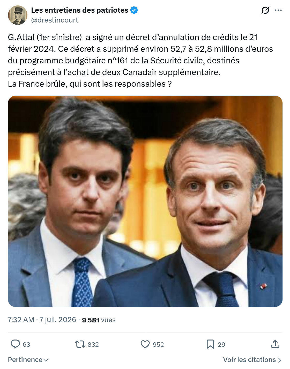 Marquis de Dreslincourt: G.Attal (1er sinistre) a signé un décret d’annulation...