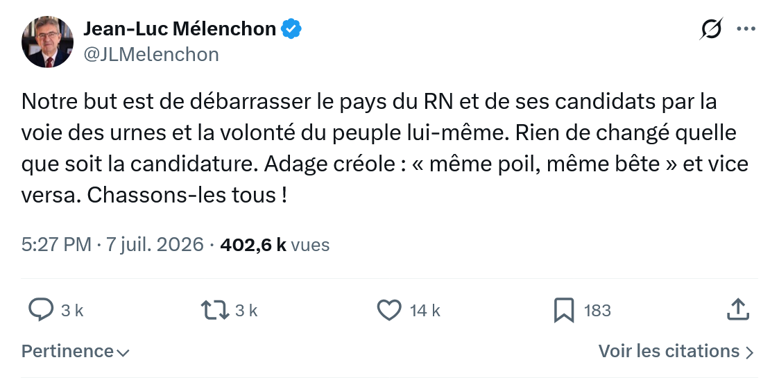 Jean-Luc Mélenchon: Notre but est de débarrasser le pays du RN...