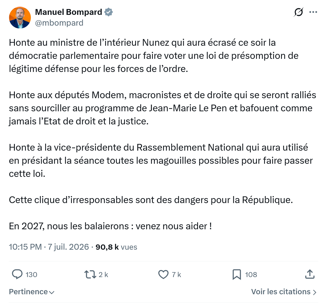 Manuel Bompard: Honte au ministre de l’intérieur Nunez...