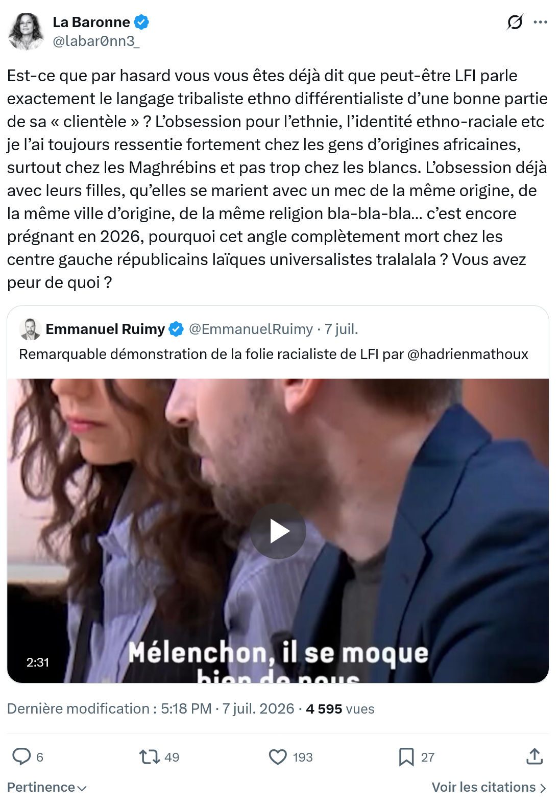 La Baronne: Est-ce que par hasard vous vous êtes déjà dit que peut-être LFI parle exactement...