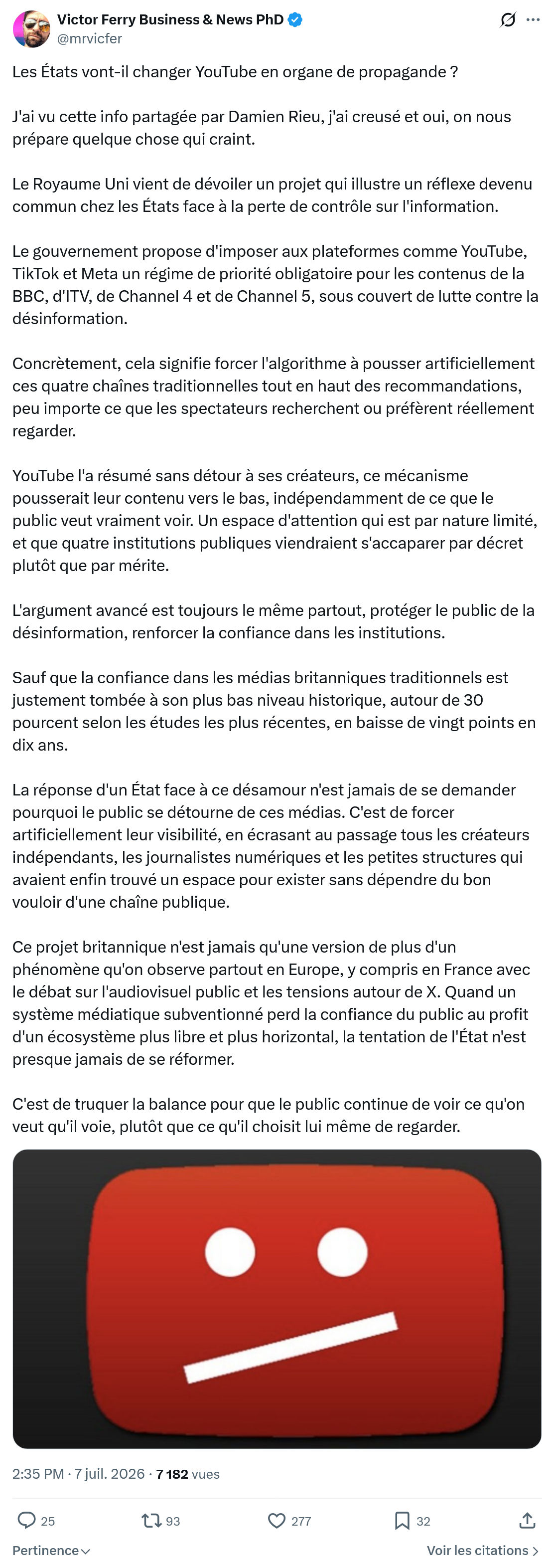 Victor Ferry: Les États vont-il changer YouTube en organe de propagande...