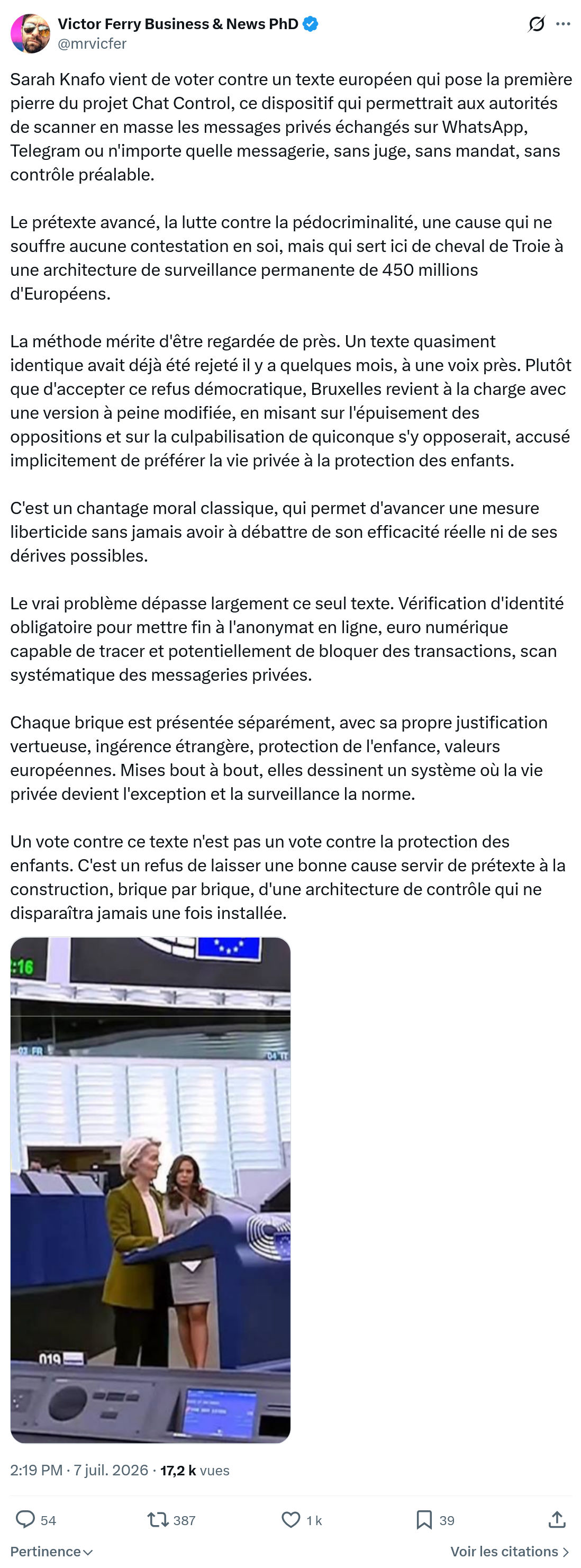 Victor Ferry: Sarah Knafo vient de voter contre un texte européen...