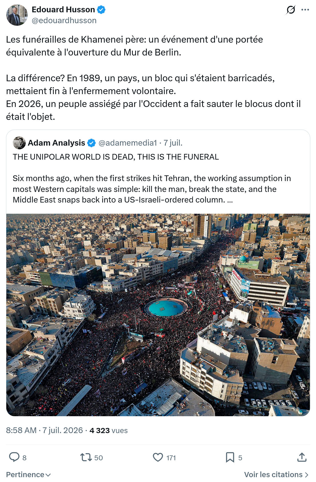 Édouard Husson: Les funérailles de Khamenei père...