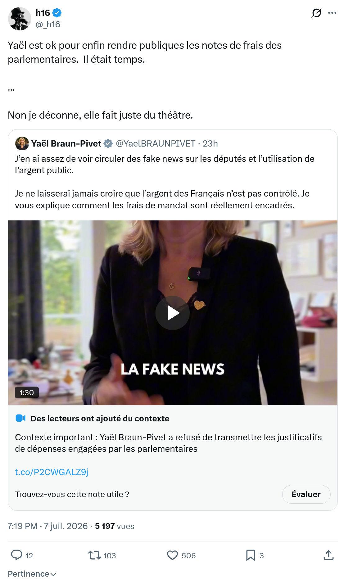 h16: Yaël est ok pour enfin rendre publiques les notes de frais des parlementaires...