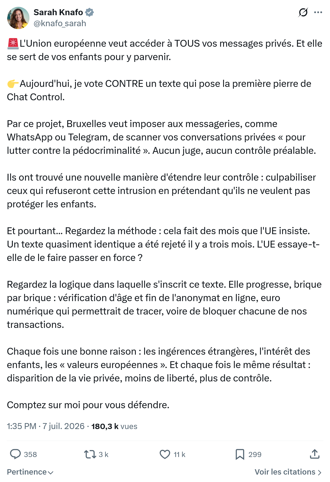 Sarah Knafo: L'Union européenne veut accéder à TOUS vos messages privés...