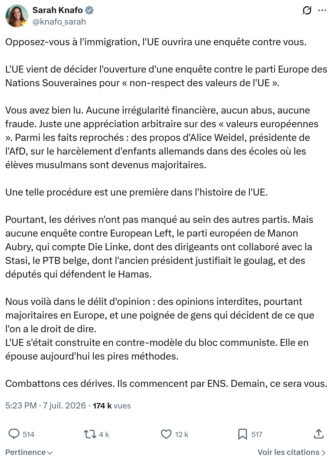Sarah Knafo: Opposez-vous à l'immigration, l'UE ouvrira une enquête contre vous...