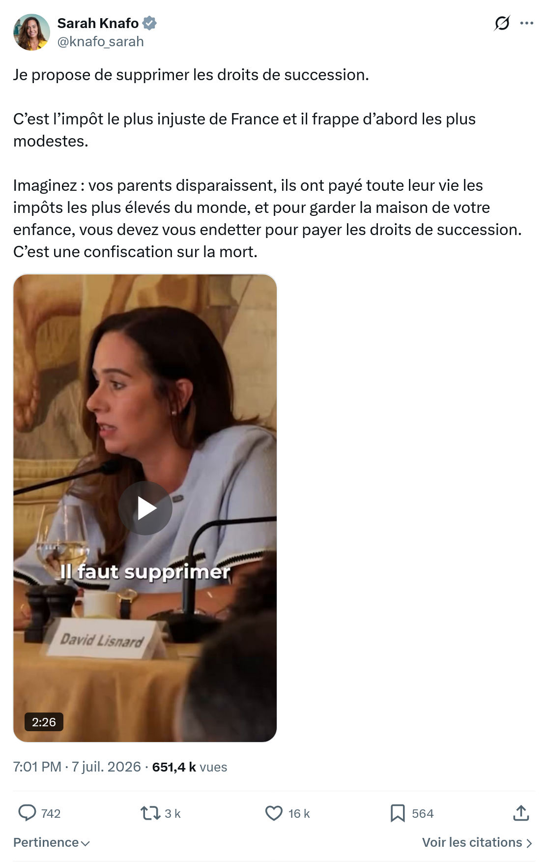 Sarah Knafo: Je propose de supprimer les droits de succession...