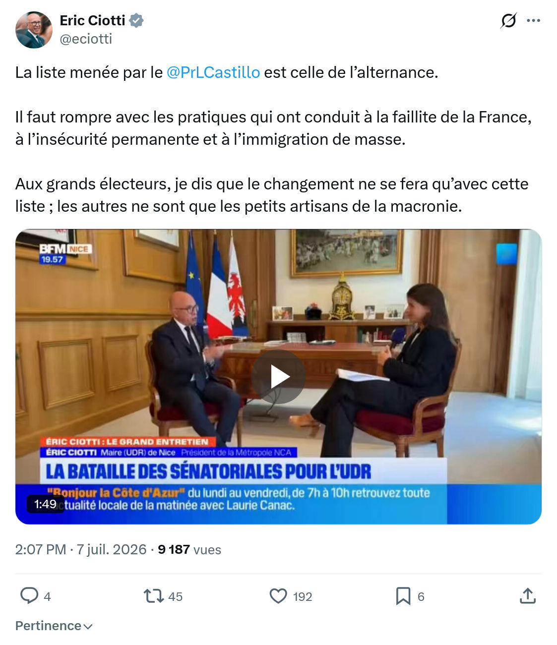 Éric Ciotti: La liste menée par le @PrLCastillo...