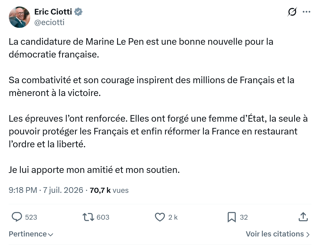 Éric Ciotti: La candidature de Marine Le Pen est une bonne nouvelle pour la démocratie française...