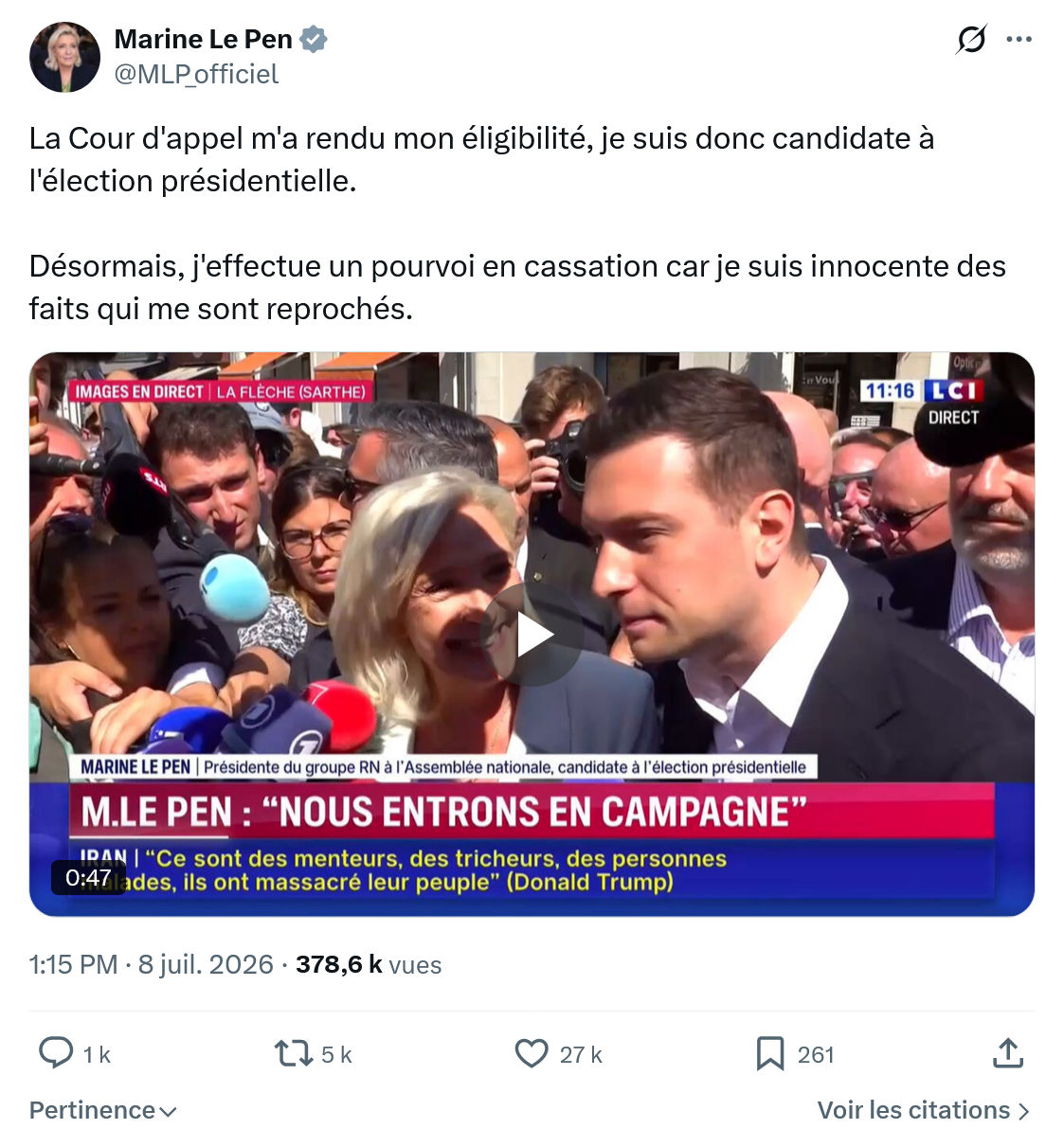 Marine Le Pen: La Cour d'appel m'a rendu...