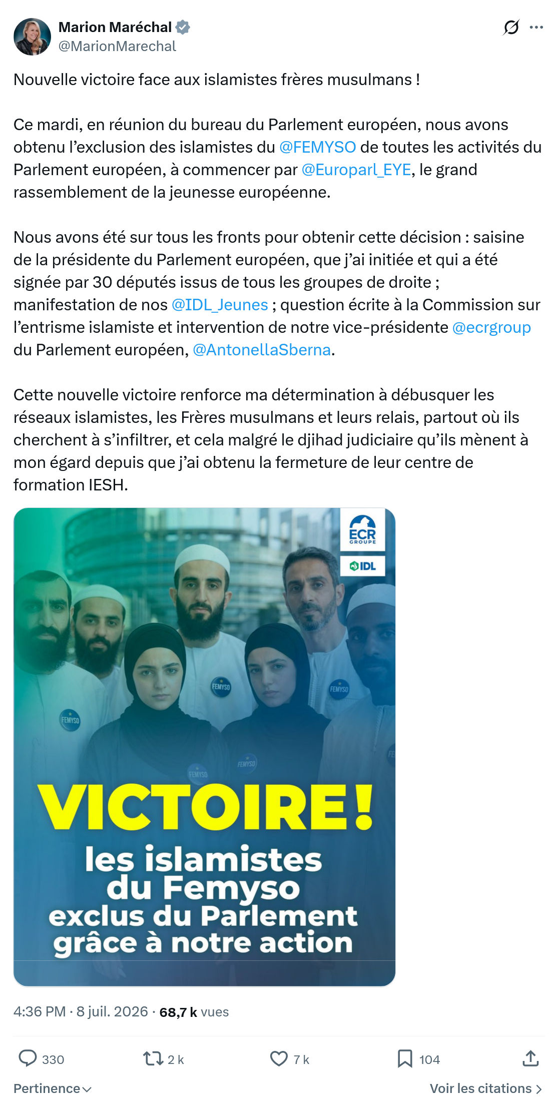 Marion Maréchal- Le Pen: Nouvelle victoire face aux islamistes frères musulmans !...