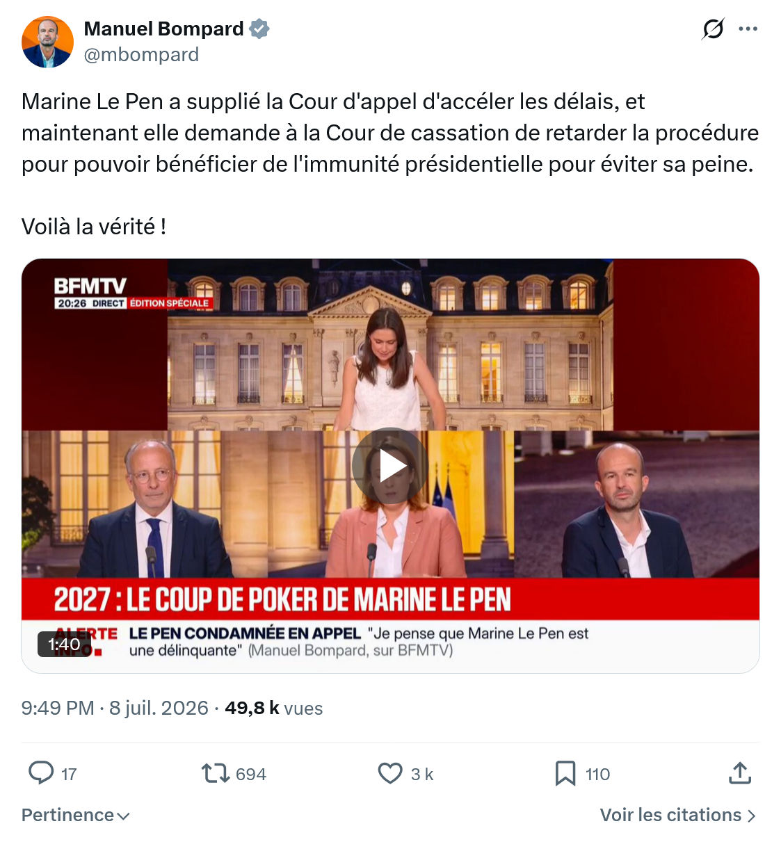 Manuel Bompard: Marine Le Pen a supplié...
