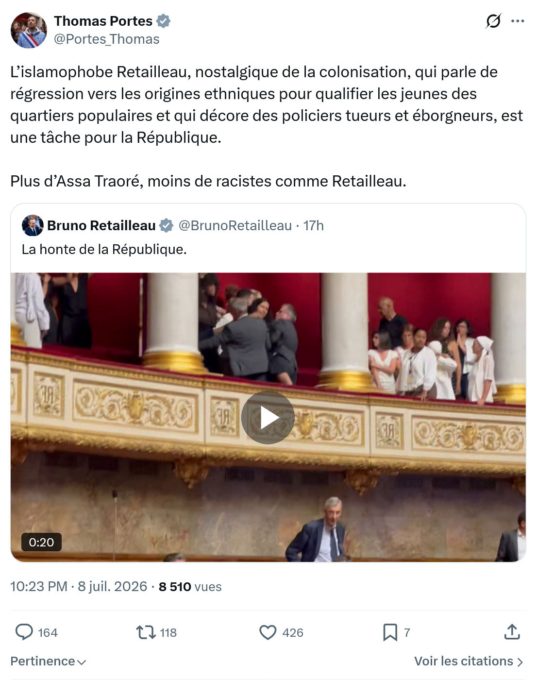 Thomas Portes: L’islamophobe Retailleau, nostalgique...