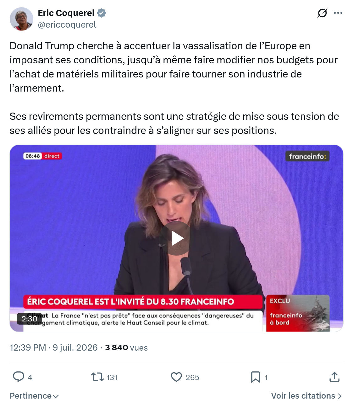 Eric Coquerel: Donald Trump cherche à accentuer...