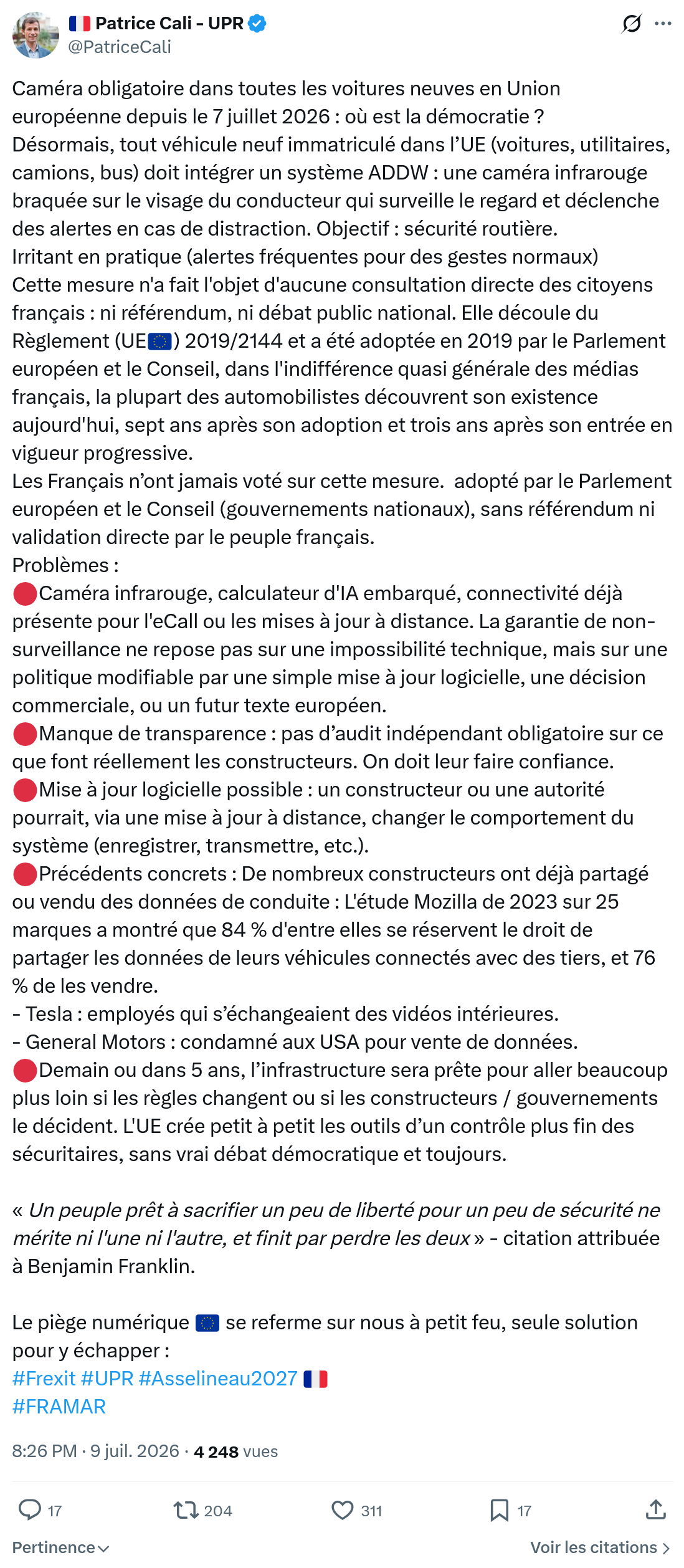 Patrice Cali: Caméra obligatoire dans toutes...