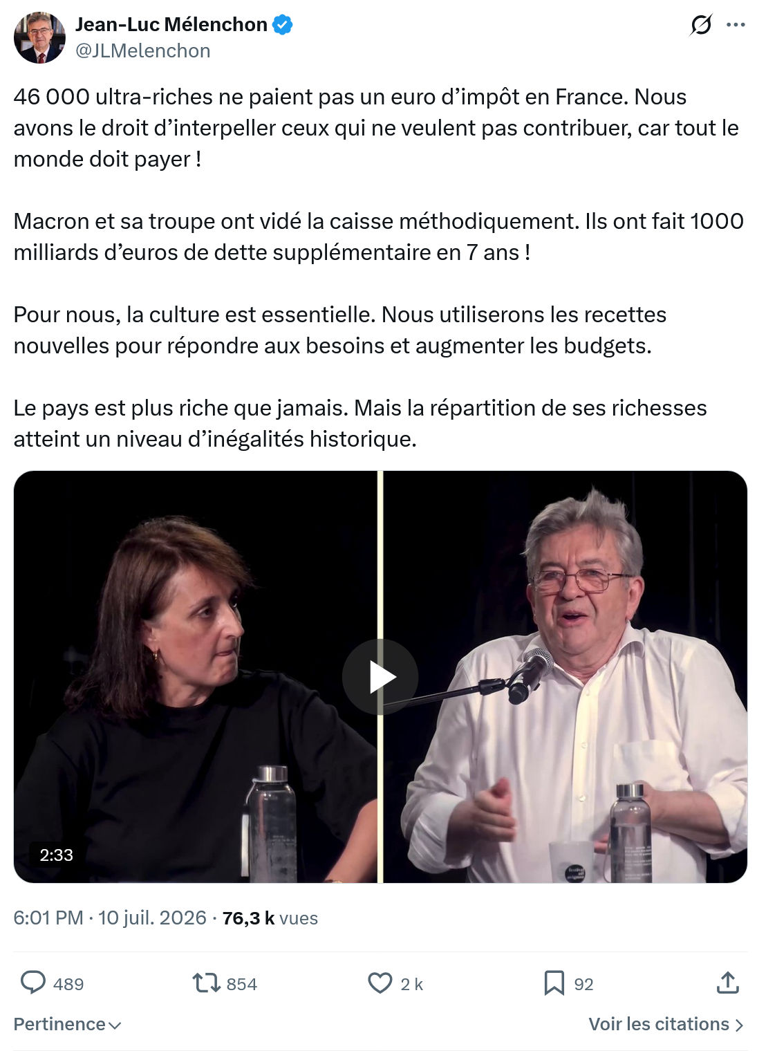 Jean-Luc Mélenchon: 46 000 ultra-riches ne paient...