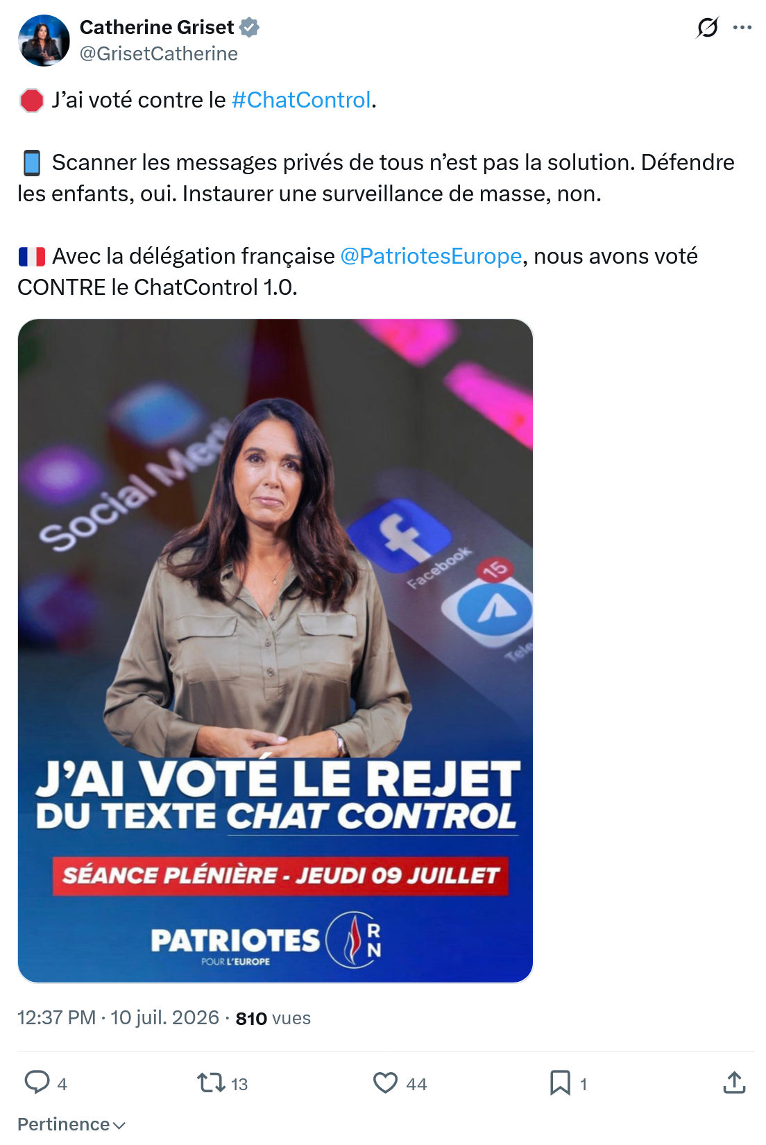 Catherine Griset: J’ai voté contre le #ChatControl...