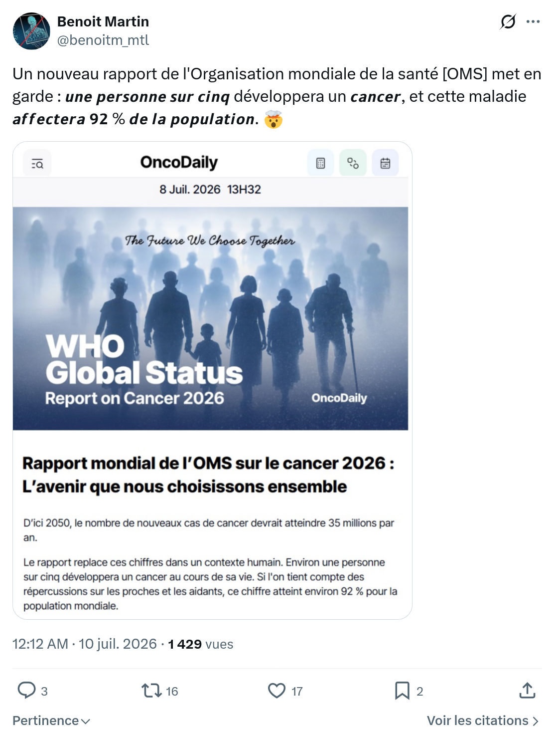 Benoît Martin: Un nouveau rapport de l'Organisation...