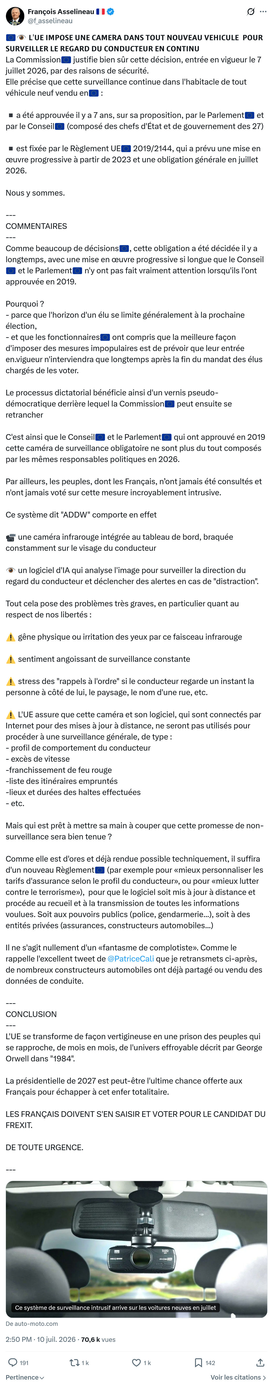 Francois Asselineau: 𝗟'𝗨𝗘 𝗜𝗠𝗣𝗢𝗦𝗘 𝗨𝗡𝗘 𝗖𝗔𝗠𝗘́𝗥𝗔 𝗗𝗔𝗡𝗦...