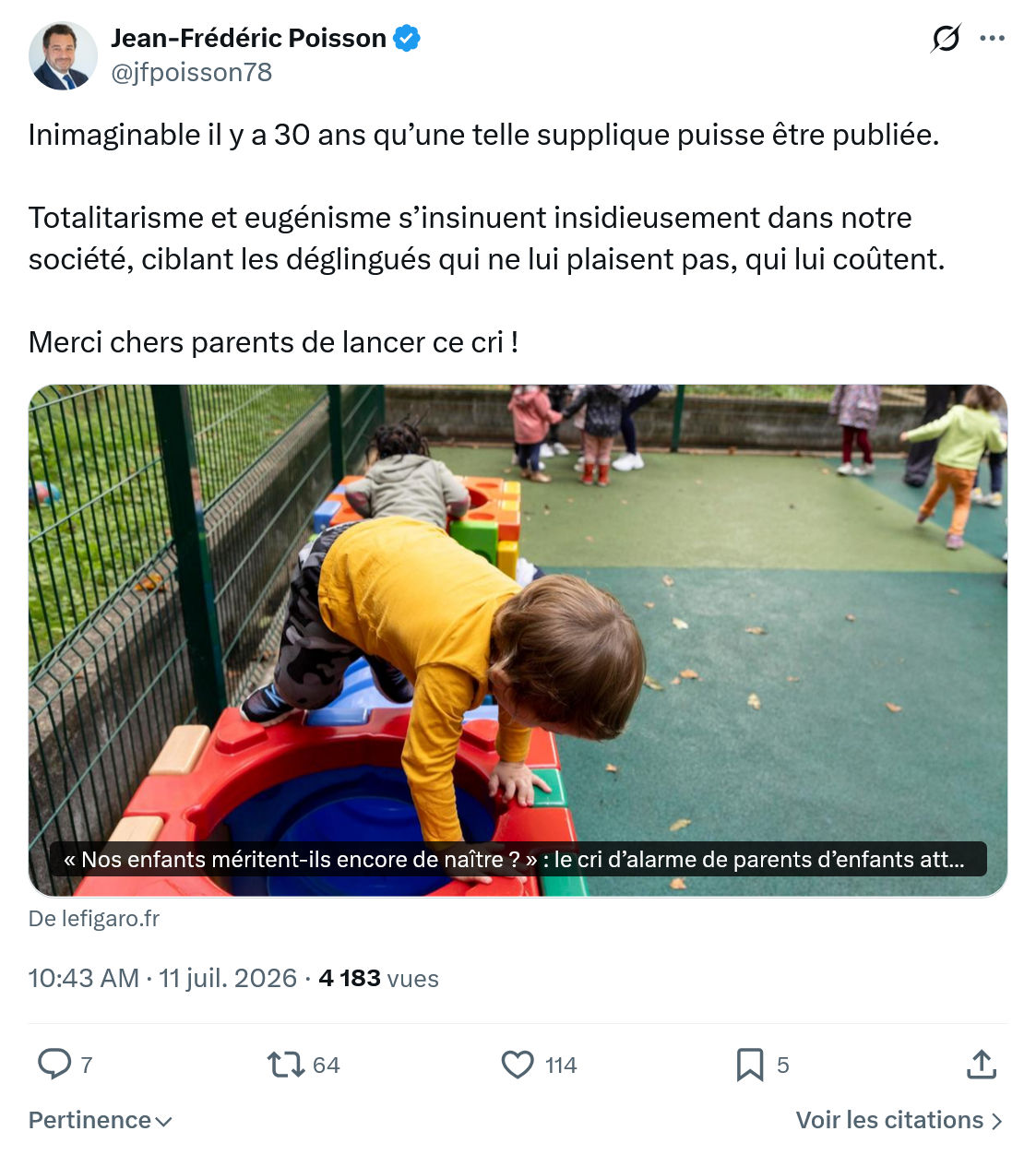 Jean-Frédéric Poisson: Inimaginable il y a 30 ans qu’une telle supplique puisse être publiée...