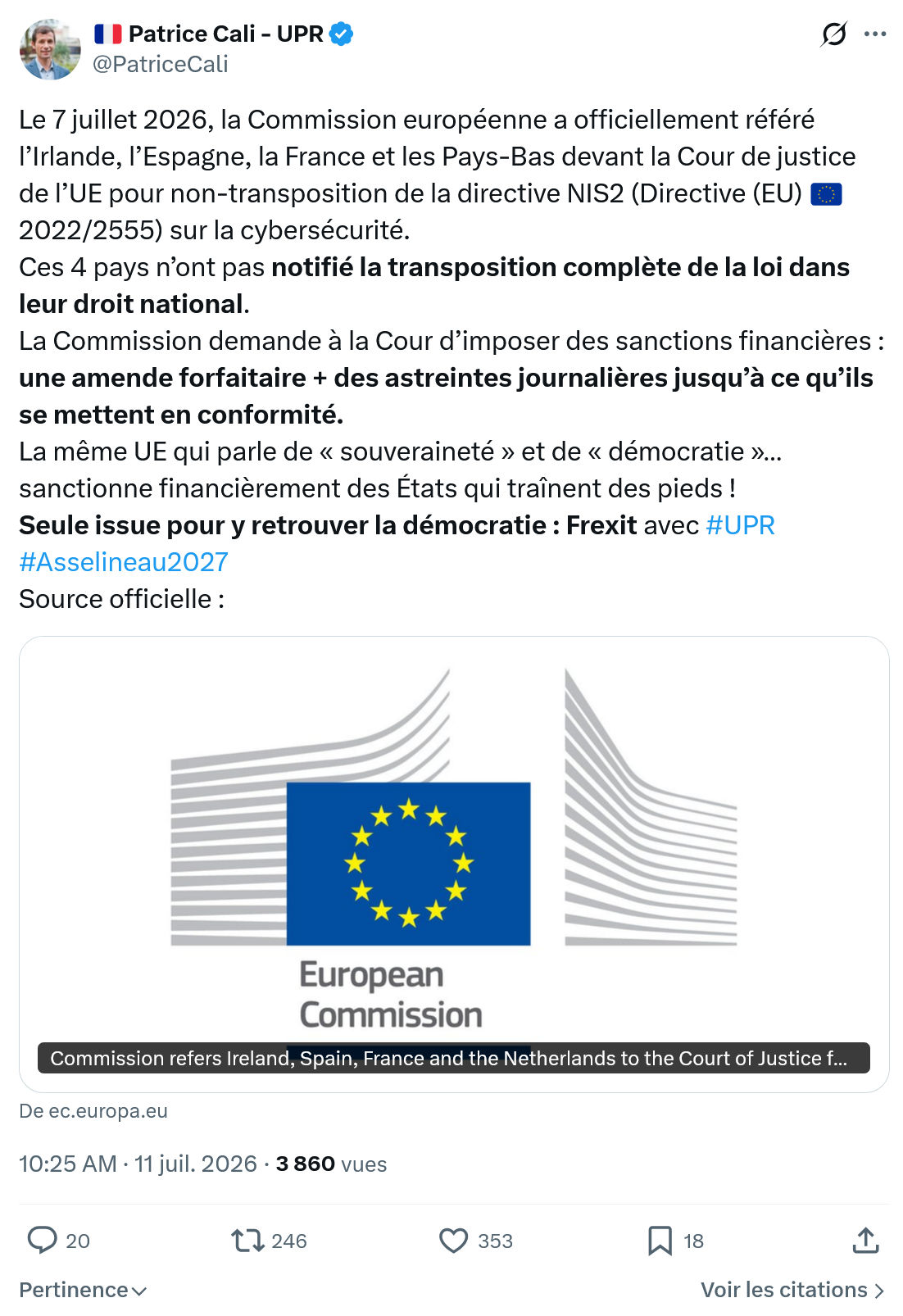 Patrice Cali: Le 7 juillet 2026, la Commission européenne...