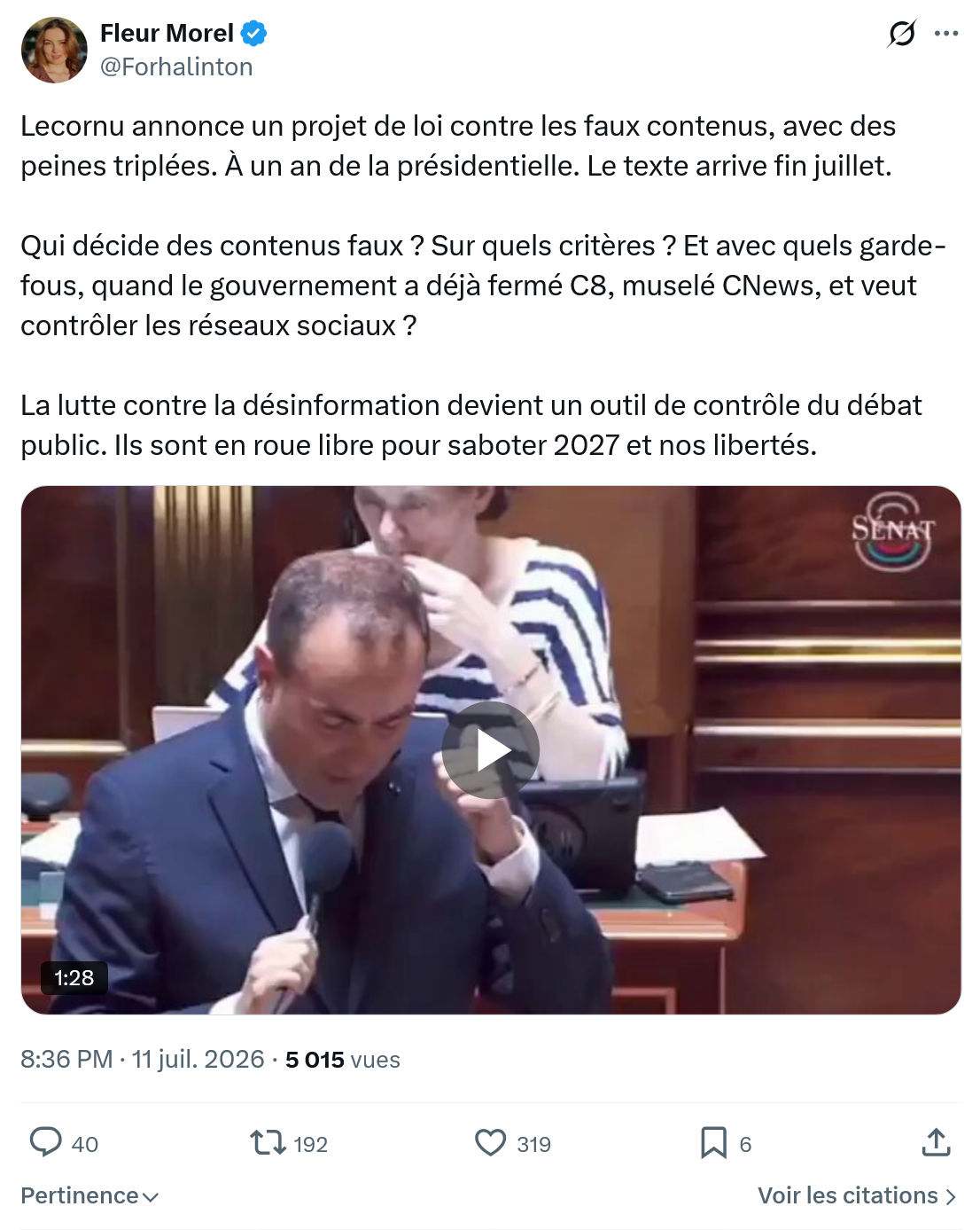 Fleur Morel: Lecornu annonce un projet de loi contre les faux contenus...