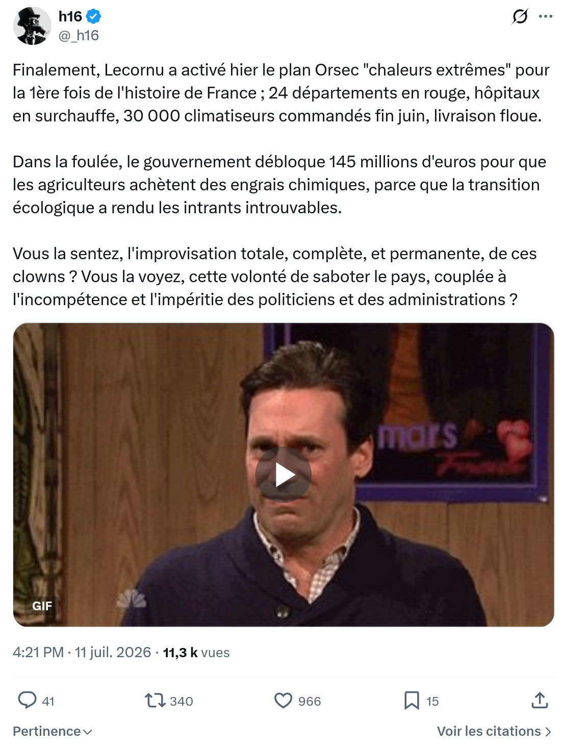 h16: Finalement, Lecornu a activé hier le plan Orsec...