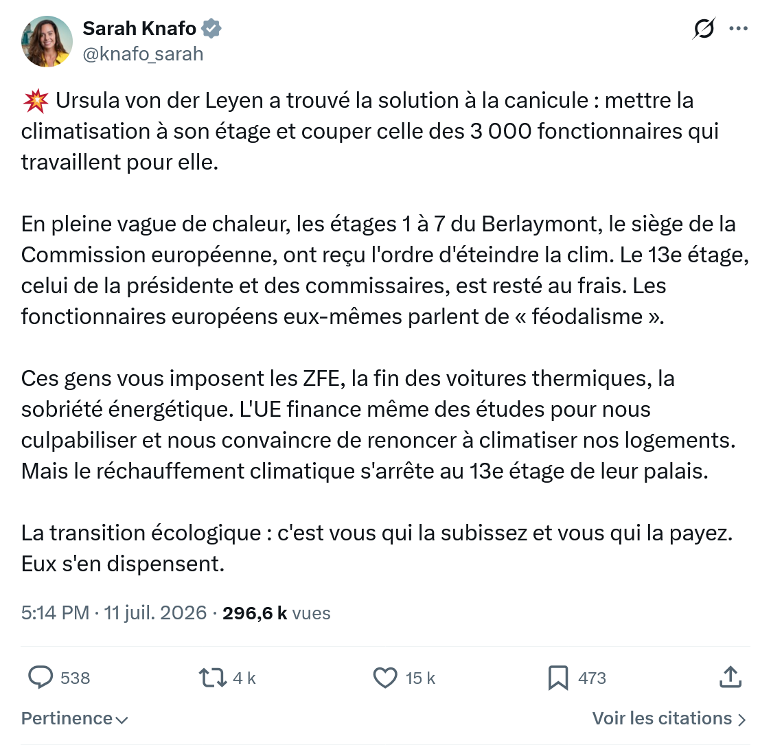 Sarah Knafo: Ursula von der Leyen a trouvé la solution à la canicule...