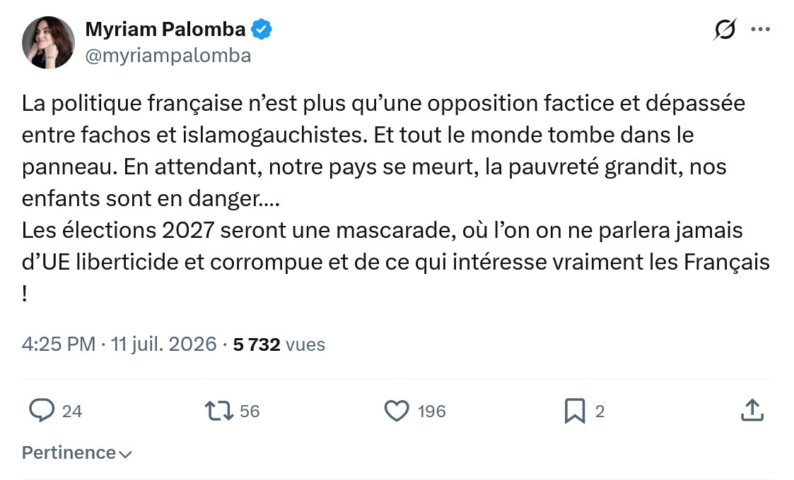 Myriam Palomba: La politique française n’est plus qu’une opposition factice...