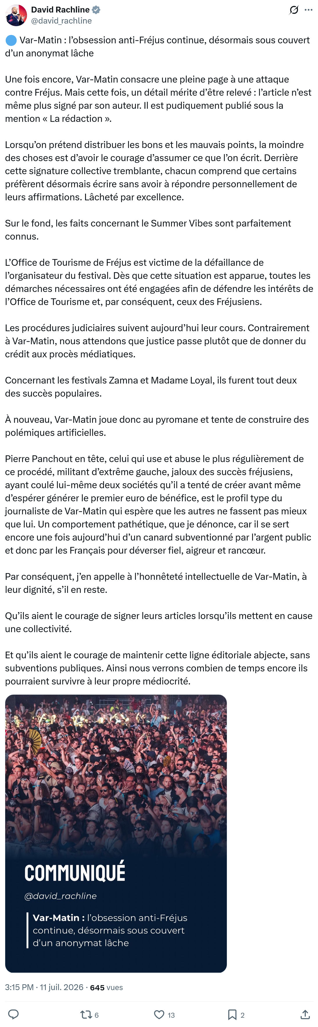 David Rachline: Var-Matin : l’obsession anti-Fréjus continue, désormais sous couvert d’un anonymat lâche...