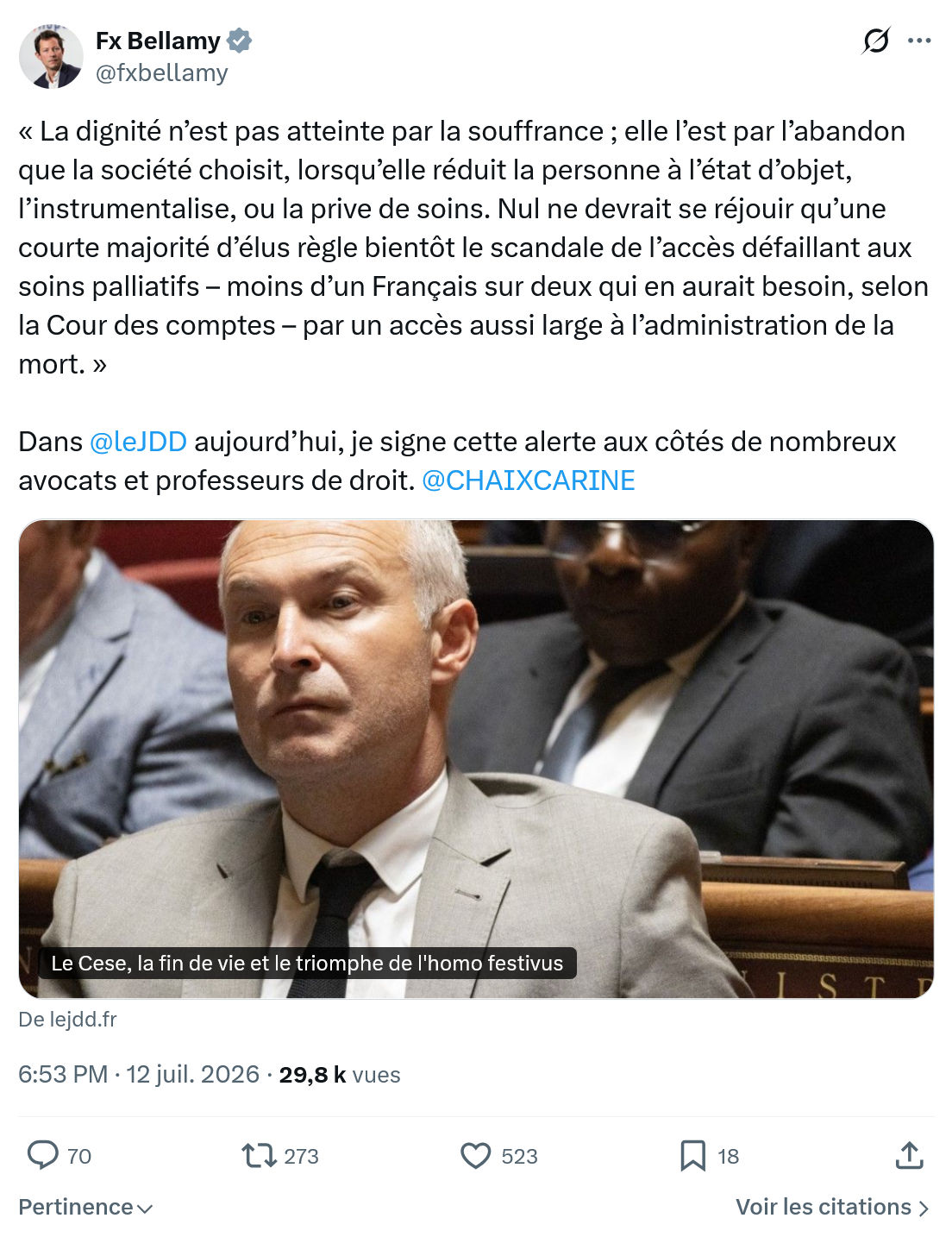 Fx Bellamy: La dignité n’est pas atteinte par la souffrance...