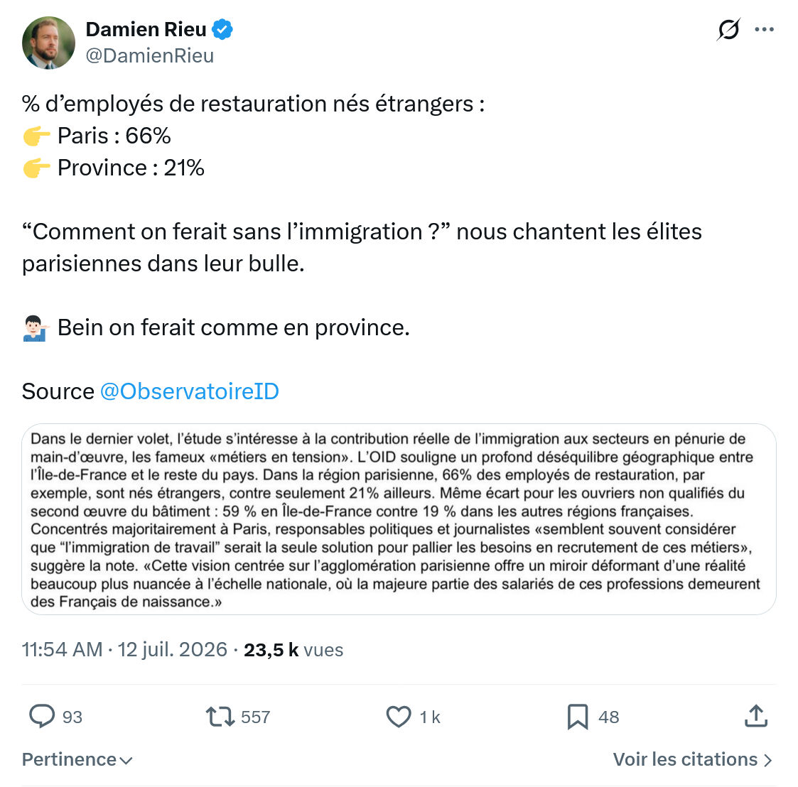 Damien Rieu: % d’employés de restauration nés étrangers...