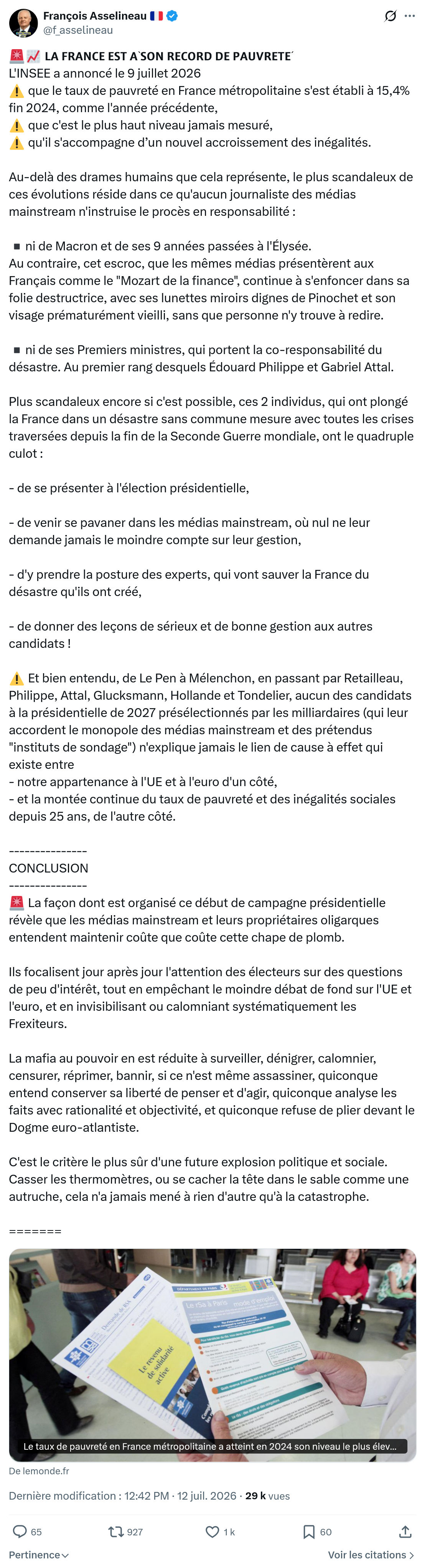 Francois Asselineau: 𝗟𝗔 𝗙𝗥𝗔𝗡𝗖𝗘 𝗘𝗦𝗧 𝗔̀ 𝗦𝗢𝗡 𝗥𝗘𝗖𝗢𝗥𝗗 𝗗𝗘 𝗣𝗔𝗨𝗩𝗥𝗘𝗧𝗘́...