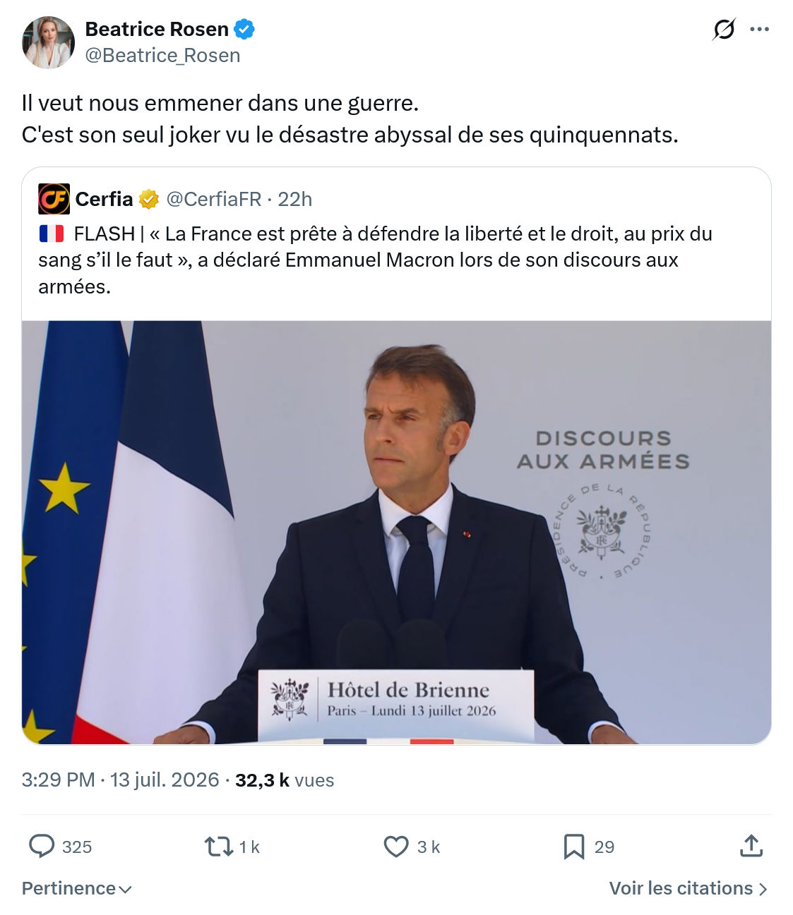 Béatrice Rosen: Il veut nous emmener dans une guerre...