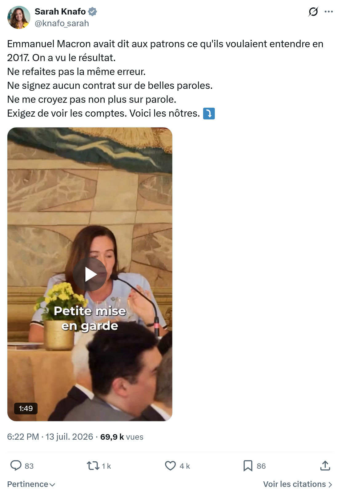 Sarah Knafo: Emmanuel Macron avait dit aux patrons...