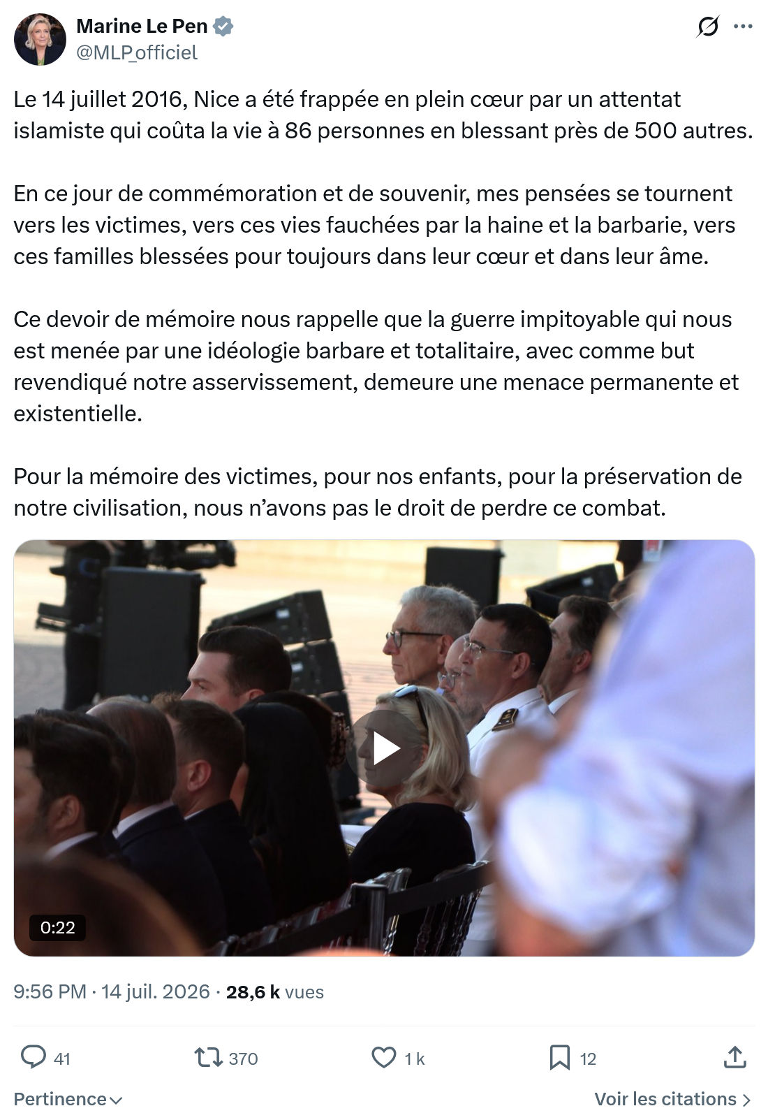Marine Le Pen: Le 14 juillet 2016, Nice a été frappée...